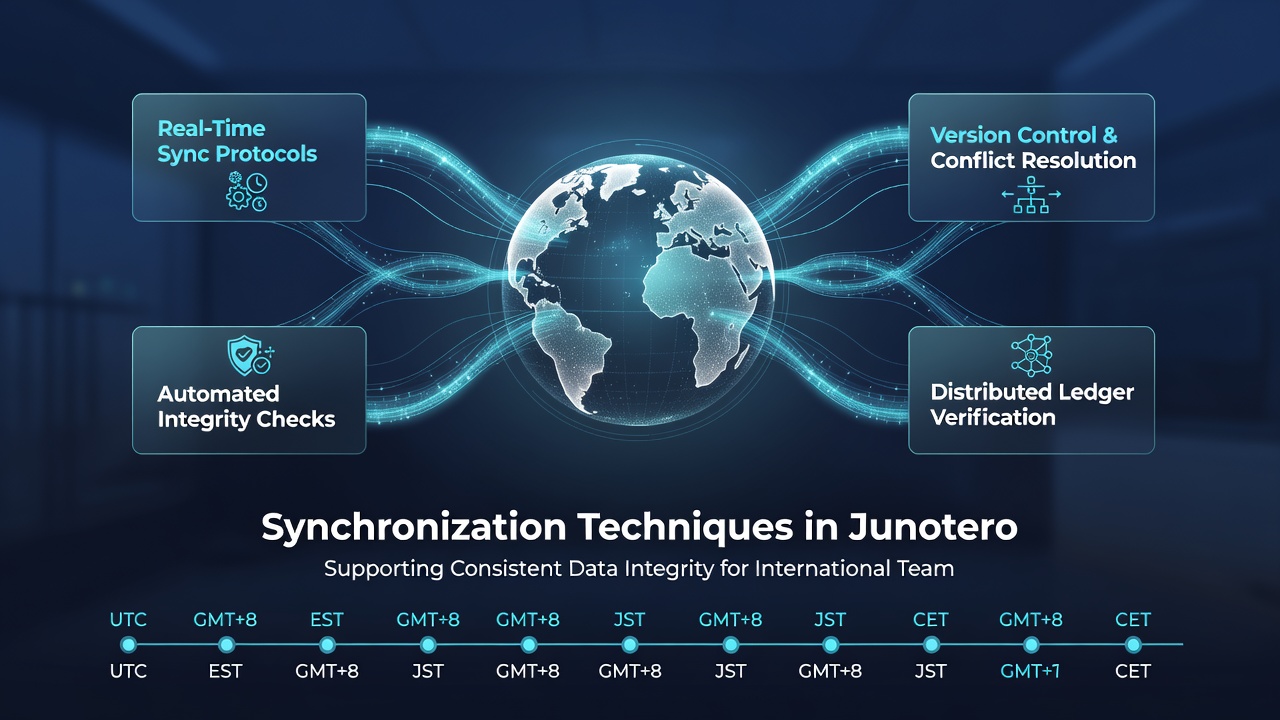 Global team members reviewing synchronized Junotero notes with integrity verification indicators